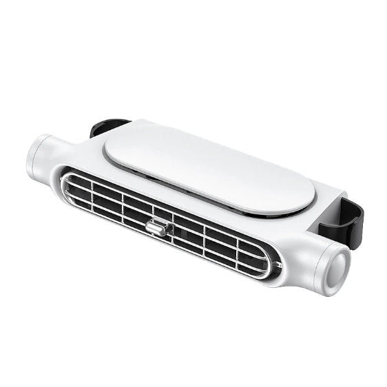 Cordless Headrest Cooling Fan in white with horizontal air vent grille and headrest mounting clips on a white background