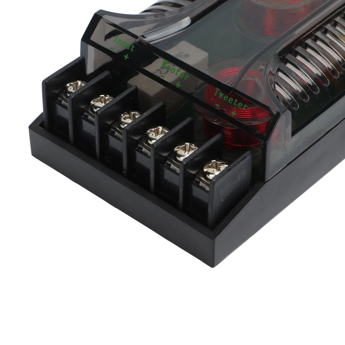 Close-up of 2-Way Speaker Crossover terminal block labelled input, woofer and tweeter