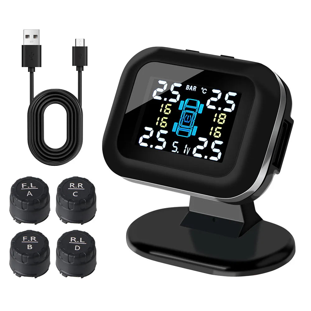 Compact USB Tyre Monitor with dashboard display on swivel stand, four external valve-cap sensors and USB charging cable
