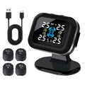 Compact USB Tyre Monitor with dashboard display on swivel stand, four external valve-cap sensors and USB charging cable