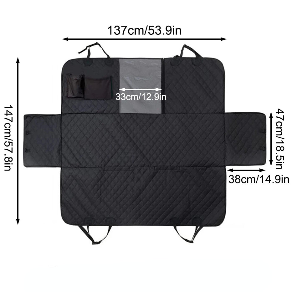 Size diagram of the Waterproof Dog Car Hammock showing 137cm width and 147cm length, suitable for limousines, family cars, SUVs and trucks