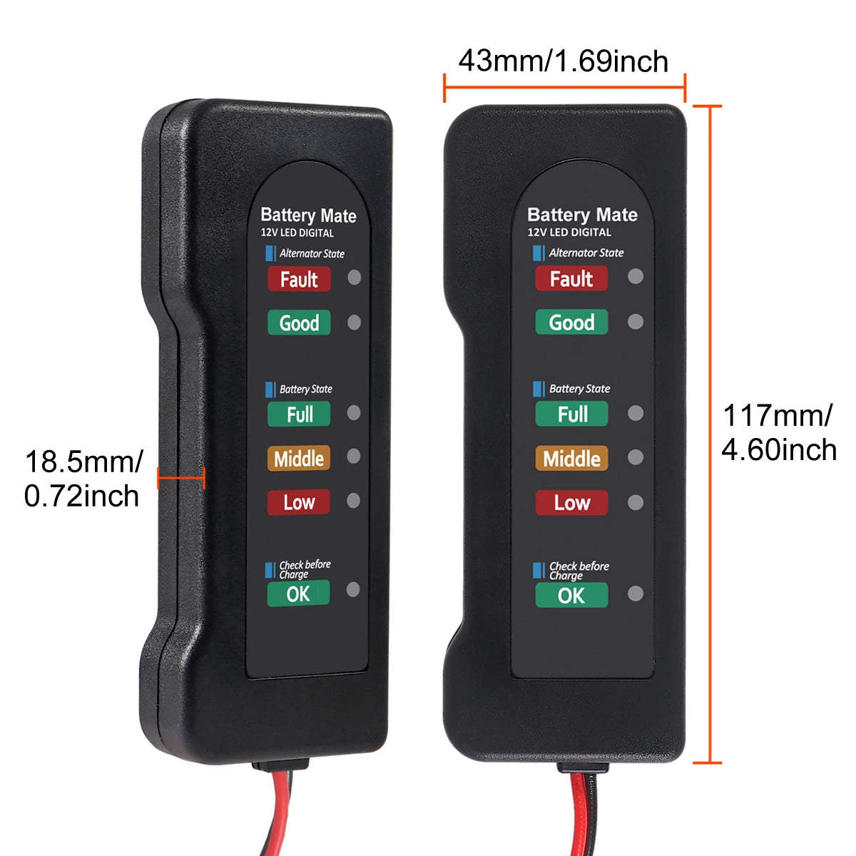 LED Battery and Alternator Tester dimensions: 117 mm long, 43 mm wide and 18.5 mm thick