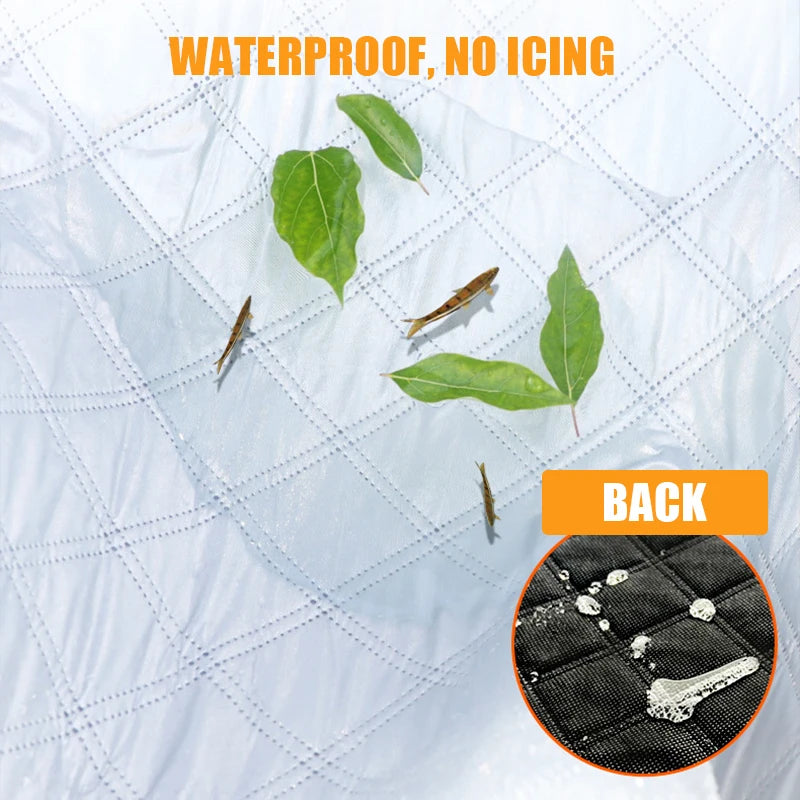 Quilted Half Car Cover water-resistant quilted silver surface with leaves and a close-up of the black backing