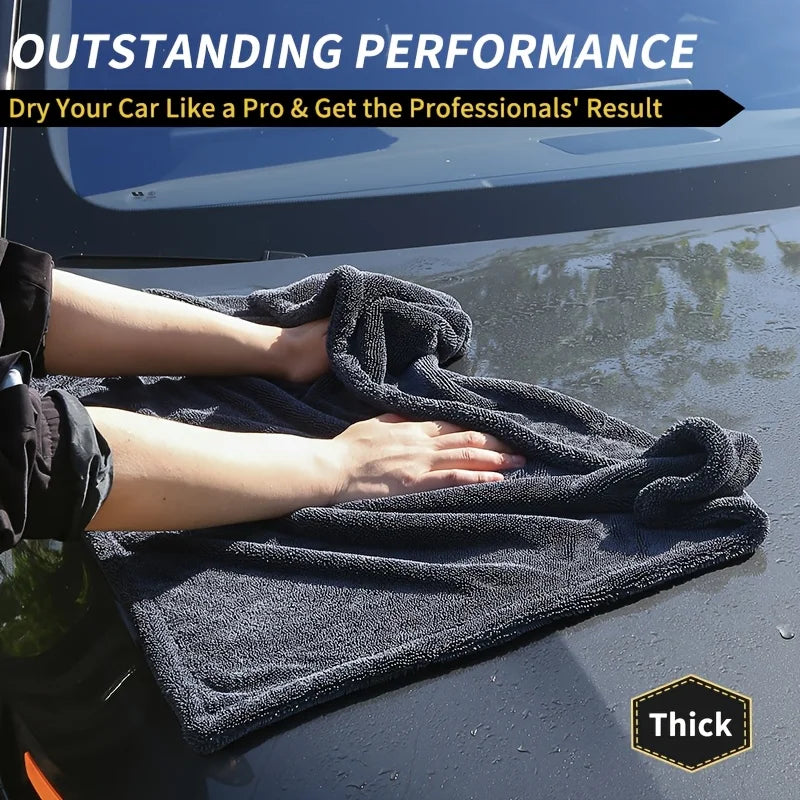 XXL Microfiber Drying Towel draped over a car door with close-up insets of its twisted loop and double-sided weave
