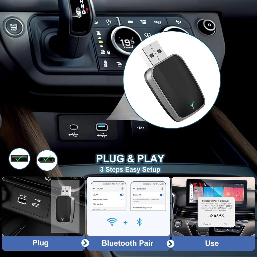 Slimline Wireless CarPlay Adapter in a car console USB port with three-step plug, Bluetooth pair and use setup guide