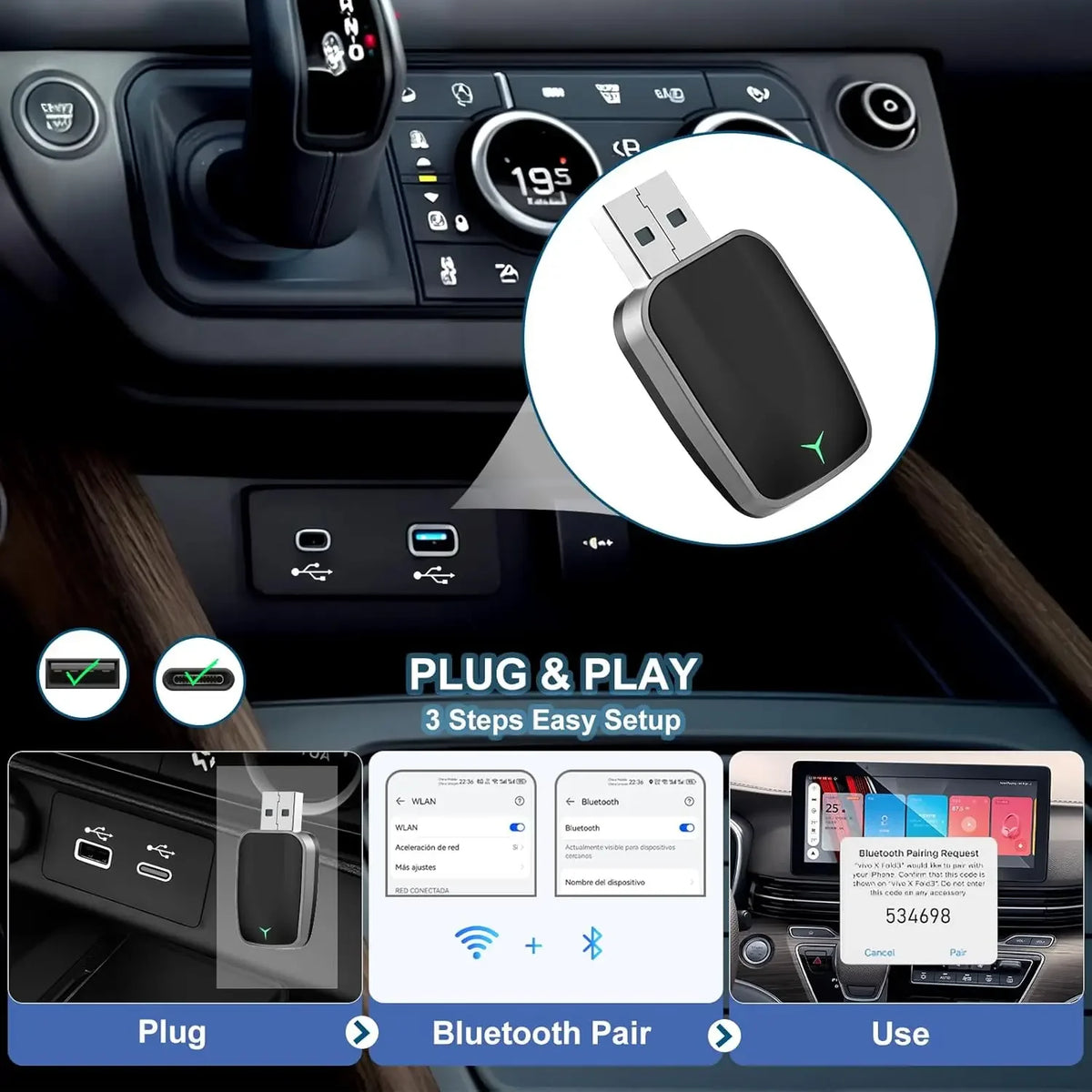 Slimline Wireless CarPlay Adapter in a car console USB port with three-step plug, Bluetooth pair and use setup guide