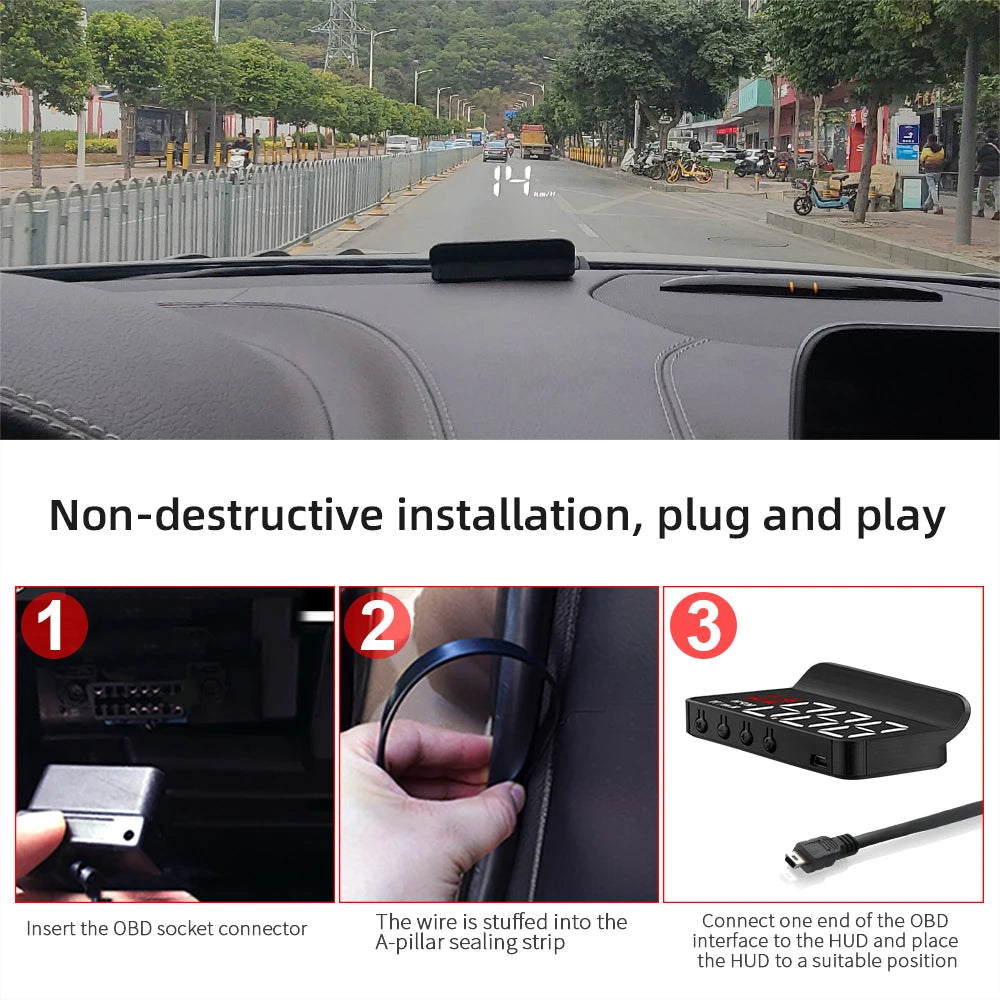 Compact OBD2 Head-Up Display on a car dashboard reflecting speed onto the windscreen, with three step OBD2 plug-in installation