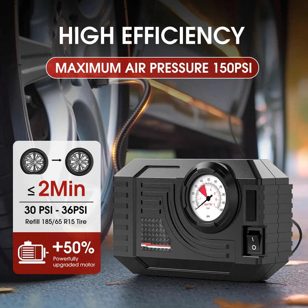 Mini Tyre Inflator advertised with 150 PSI maximum air pressure and an upgraded motor, shown beside a car wheel.