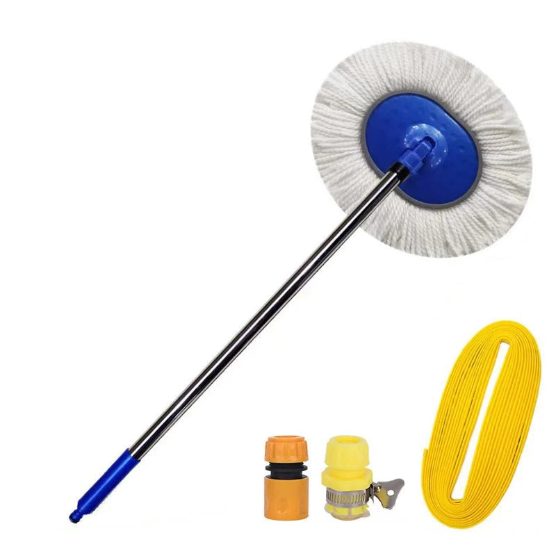 Rotating car wash brush with telescopic pole, hose connector fittings and coiled hose on a white background