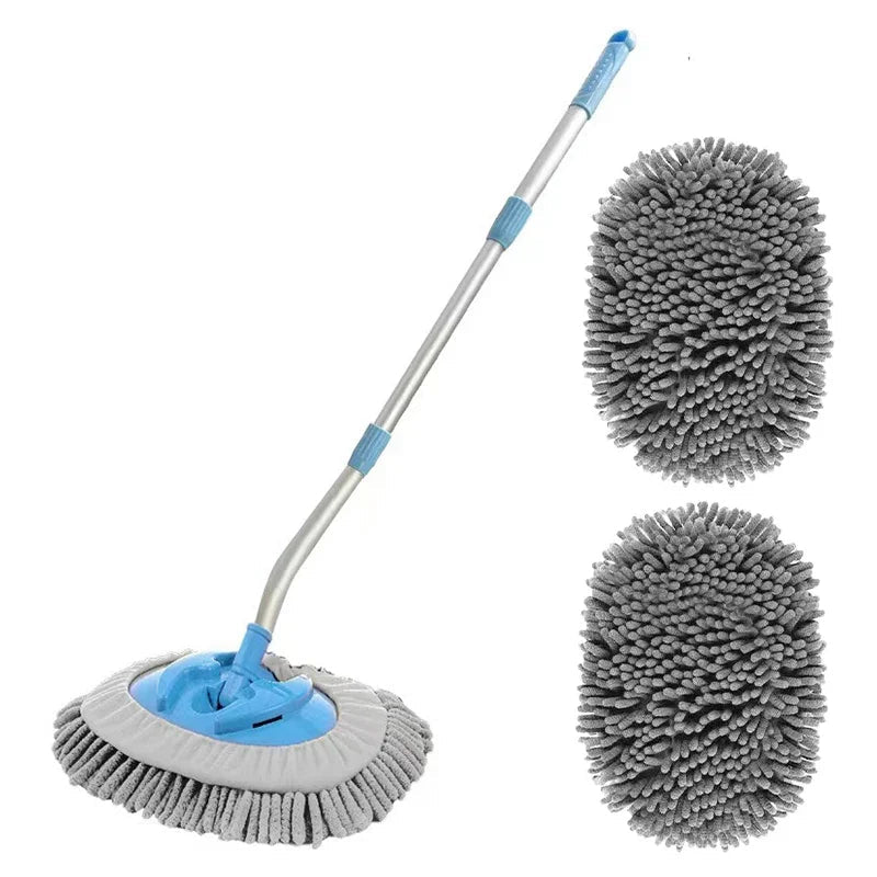 Curved Chenille Wash Mop with telescopic aluminium handle, grey chenille head on a blue base and two spare chenille pads