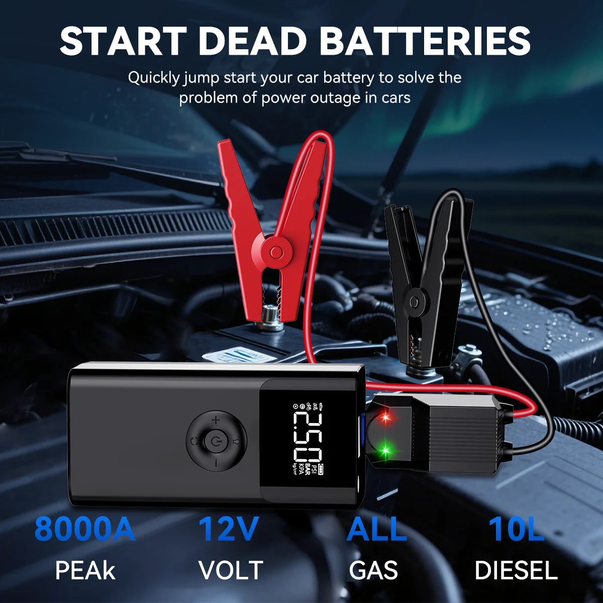 Heavy-Duty Diesel Jump Starter with red and black clamps connected to a car battery under the bonnet, rated 8000A peak, 12V and up to 10L diesel engines