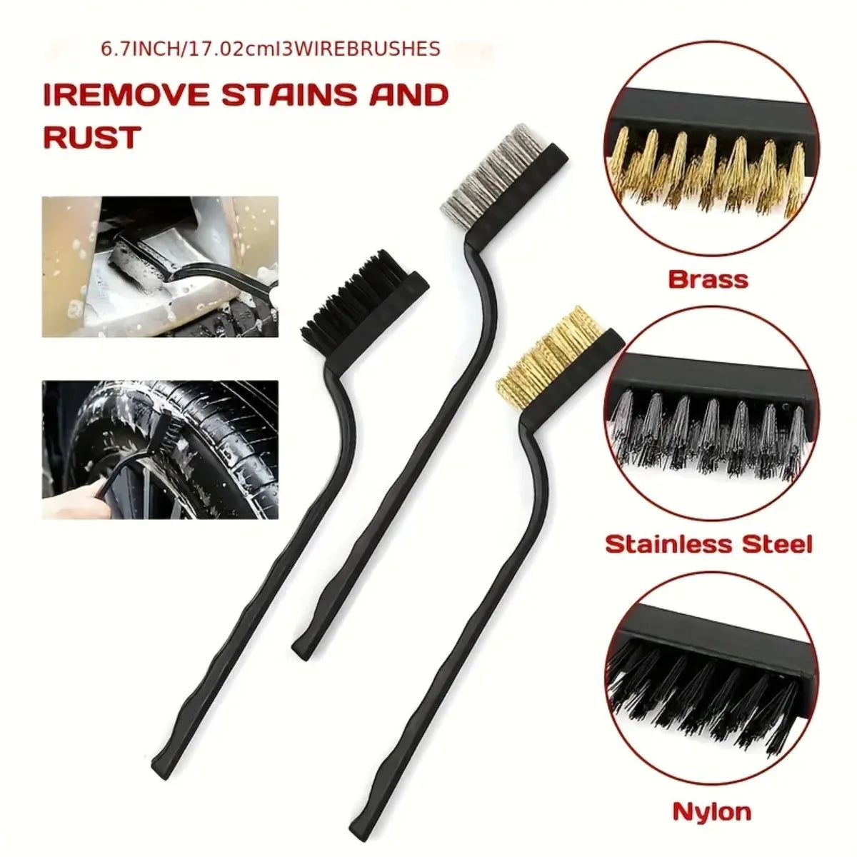 Three mini wire brushes in brass, stainless steel and nylon for removing stains and rust from car parts