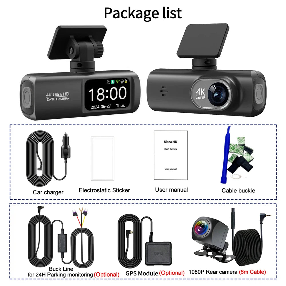 4K WiFi Dash Cam package contents laid out including the camera unit, car charger, electrostatic sticker, user manual, cable buckle tool, hardwire buck line, GPS module and 1080P rear camera