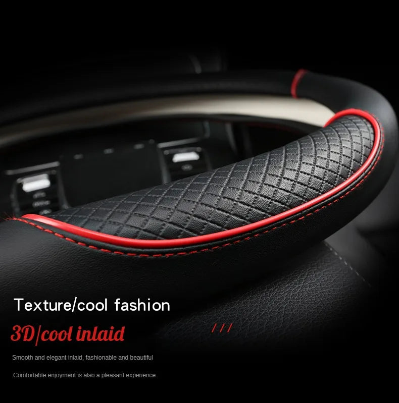 Close-up of the Diamond Leather Steering Wheel Cover's 3D diamond-quilted texture and red inlaid trim