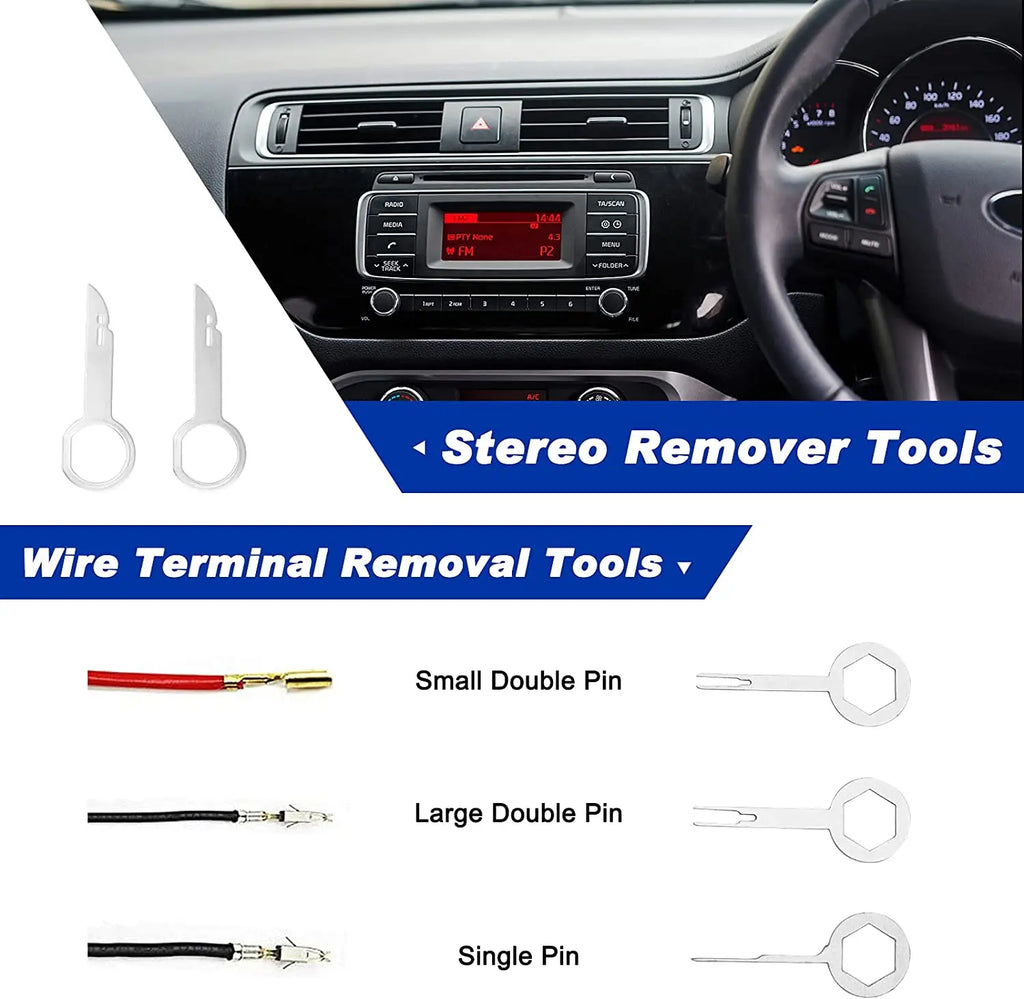 Stereo removal keys beside a car radio, shown above a diagram of small, large and single-pin wire terminal removal tools included in the kit.