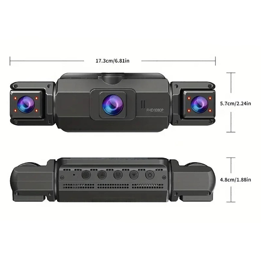 Dimension diagram of the Quad-Lens Dash Cam showing its 17.3cm width, 5.7cm height and 4.8cm depth with triple-lens layout