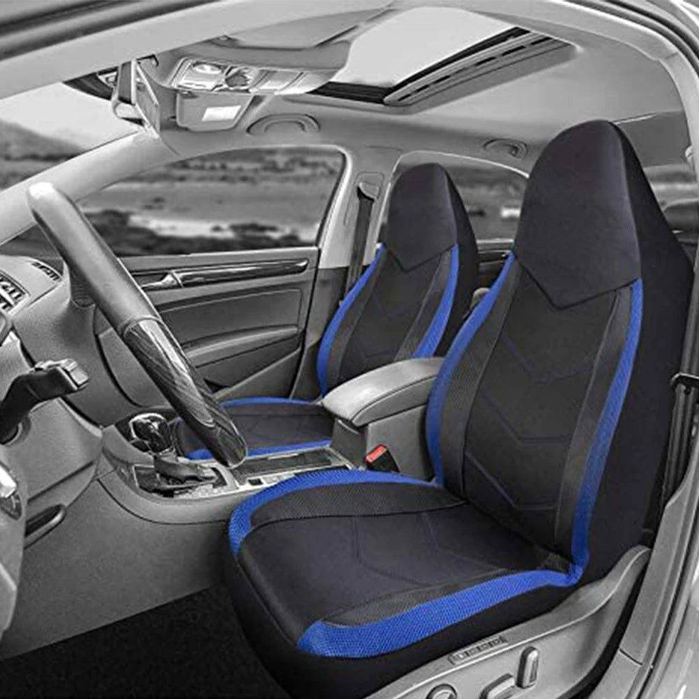 Black and blue Sport Mesh Car Seat Covers fitted in a vehicle interior