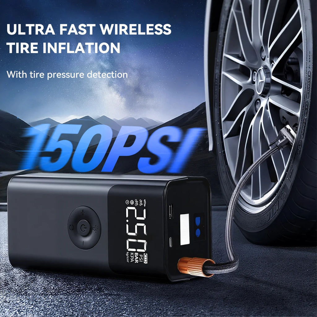 Heavy-Duty Diesel Jump Starter inflating a car tyre at night using its 150 PSI wireless tyre inflator with pressure detection