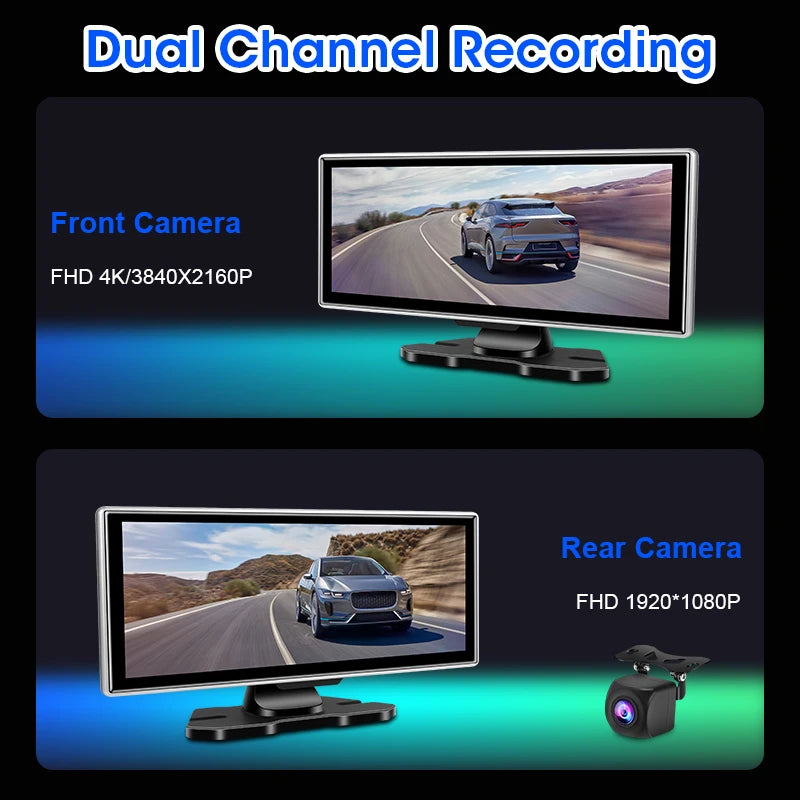 Wireless CarPlay Dash Cam dual channel recording diagram showing 4K 3840x2160 front camera footage of a highway and 1080p rear camera footage with the compact rear lens unit.