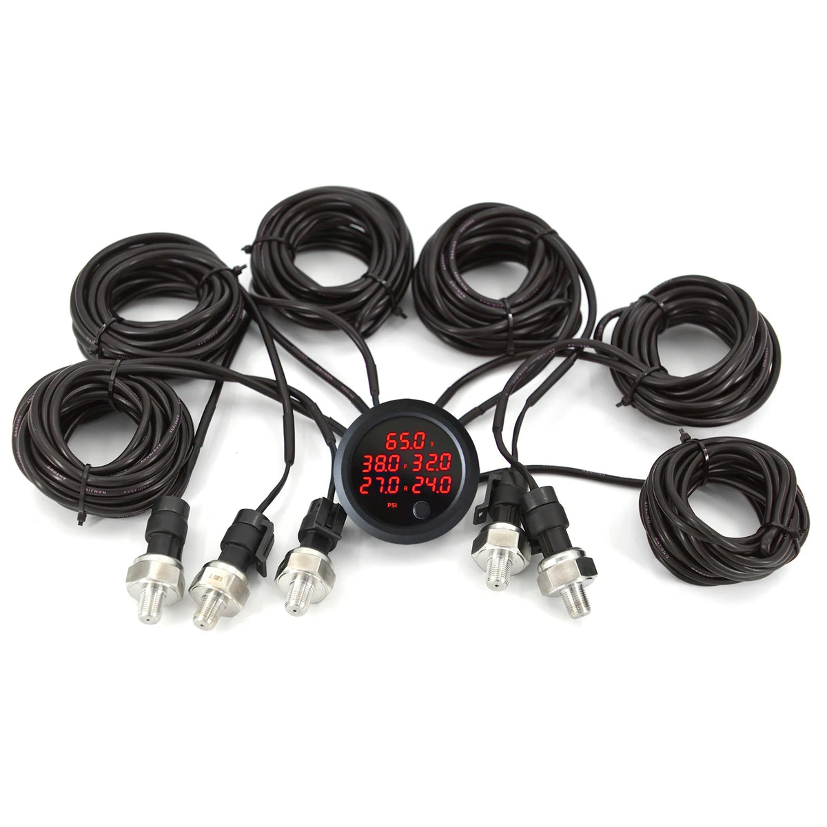 5-Channel Air Suspension Gauge with red digital display, five stainless steel pressure sensors and coiled wiring harnesses