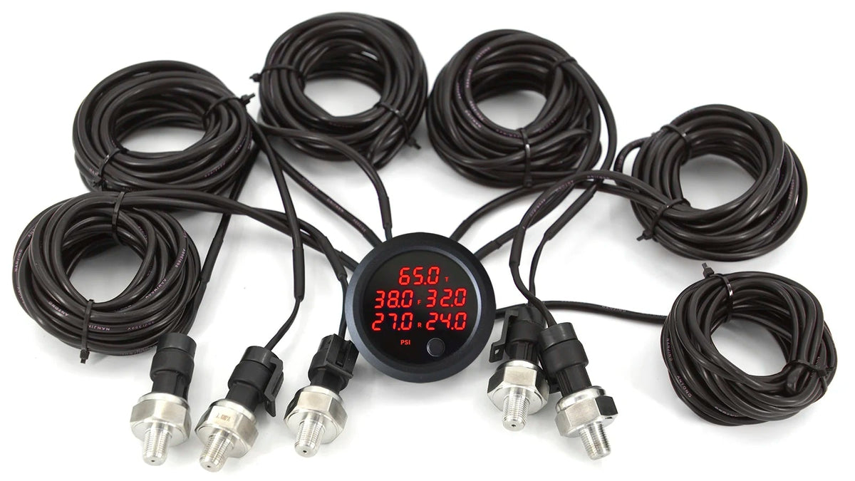 A 6-channel digital temperature/pressure sensor kit with a central black circular display showing red LED numbers, connected to six black-wrapped sensor cables with silver metal probes, arranged on a white background.
