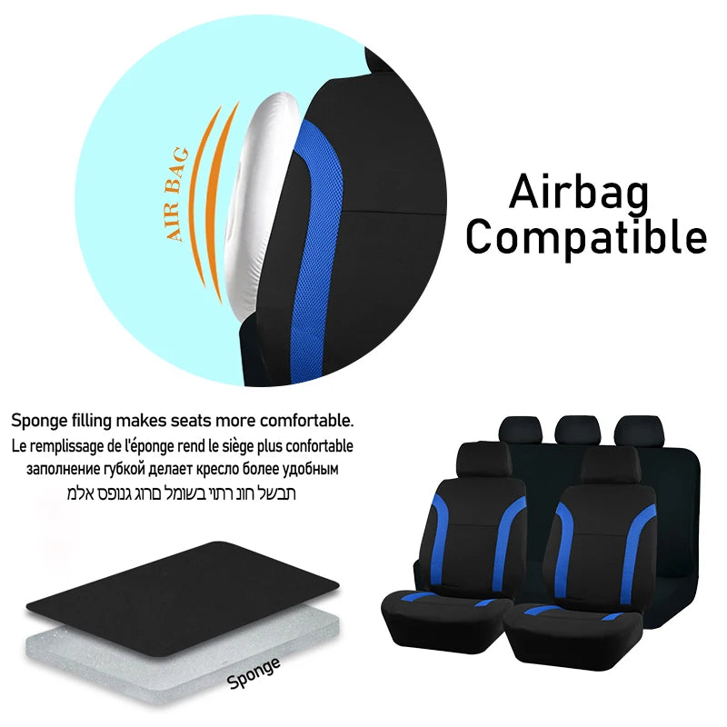 Airbag Compatible infographic for Breathable Mesh Seat Cover with multilingual sponge filling callout text in English French Russian and Hebrew