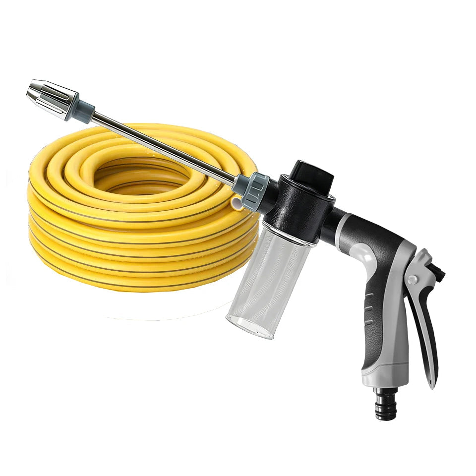 Rotating Foam Wash Gun with black and grey grip shown with a coiled yellow garden hose