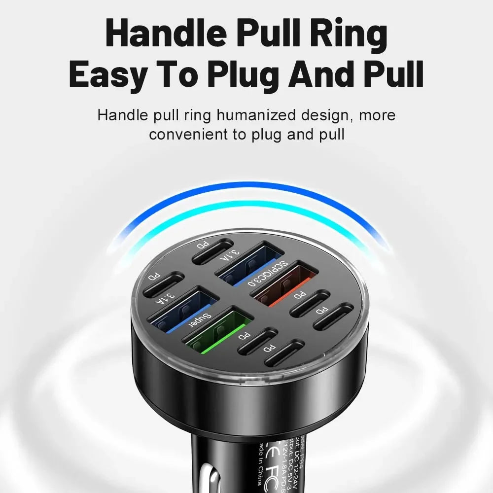 10-Port Fast Car Charger infographic showing the pull ring handle for easy removal from the socket