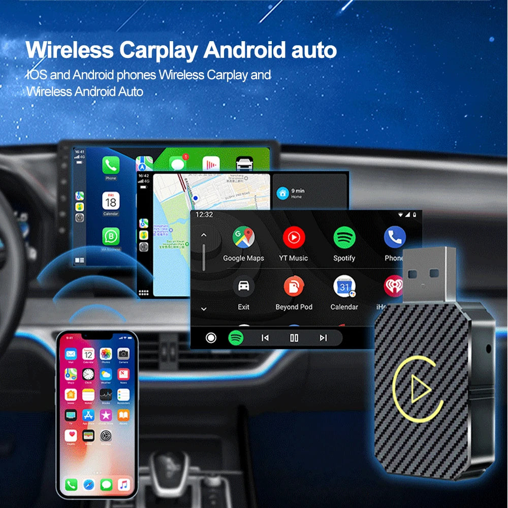 Car dashboard screen showing wireless CarPlay and Android Auto apps connected through the Carbon Wireless CarPlay Adapter