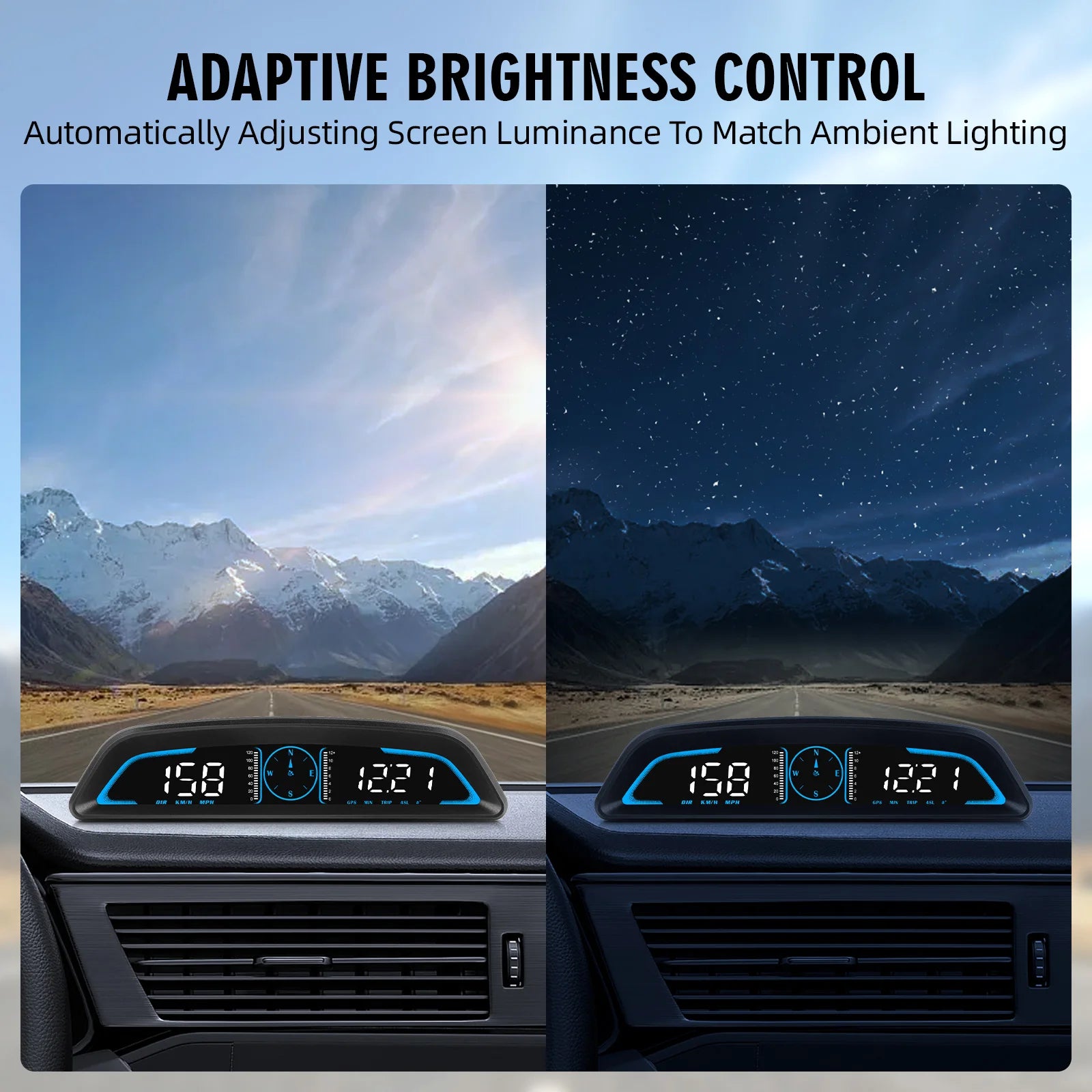 GPS Head-Up Display G3 adaptive brightness control shown on a car dashboard in a daylight mountain scene and a starry night driving scene