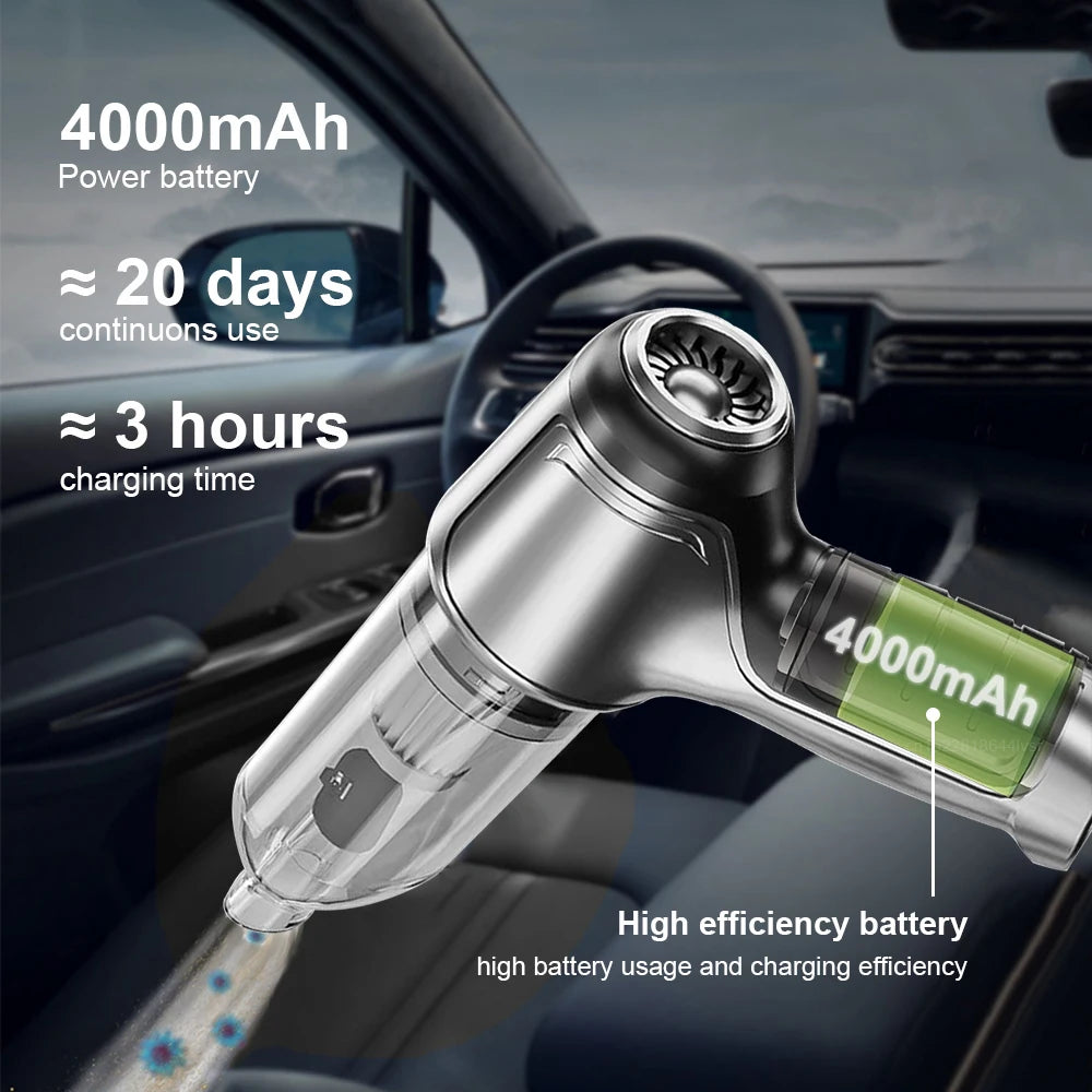 Car interior with a hair dryer featuring a 4000mAh power battery, charging time, and usage duration.