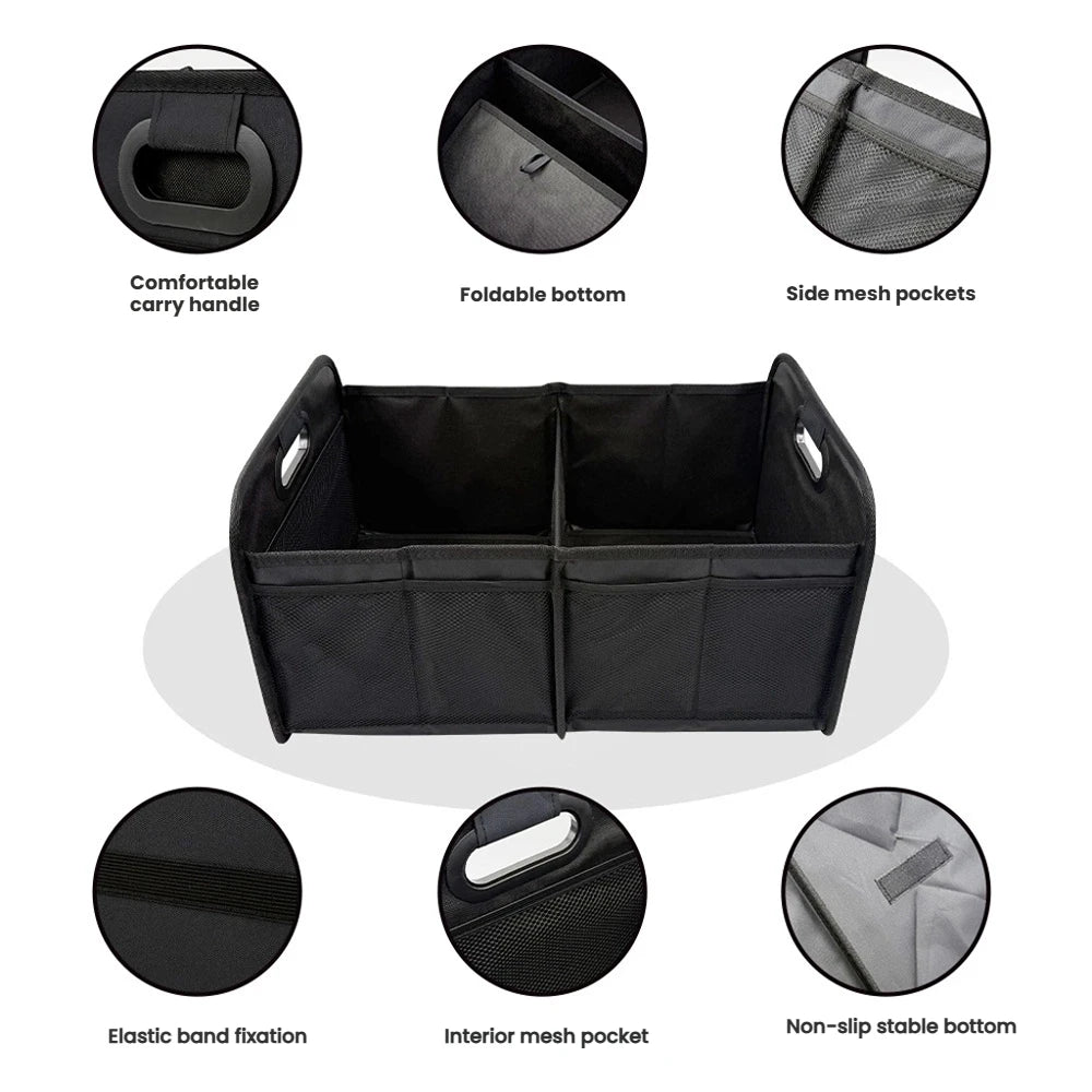 Foldable Car Boot Organiser feature diagram highlighting comfortable carry handle, foldable bottom, side mesh pockets, elastic band fixation, interior mesh pocket and non-slip stable base