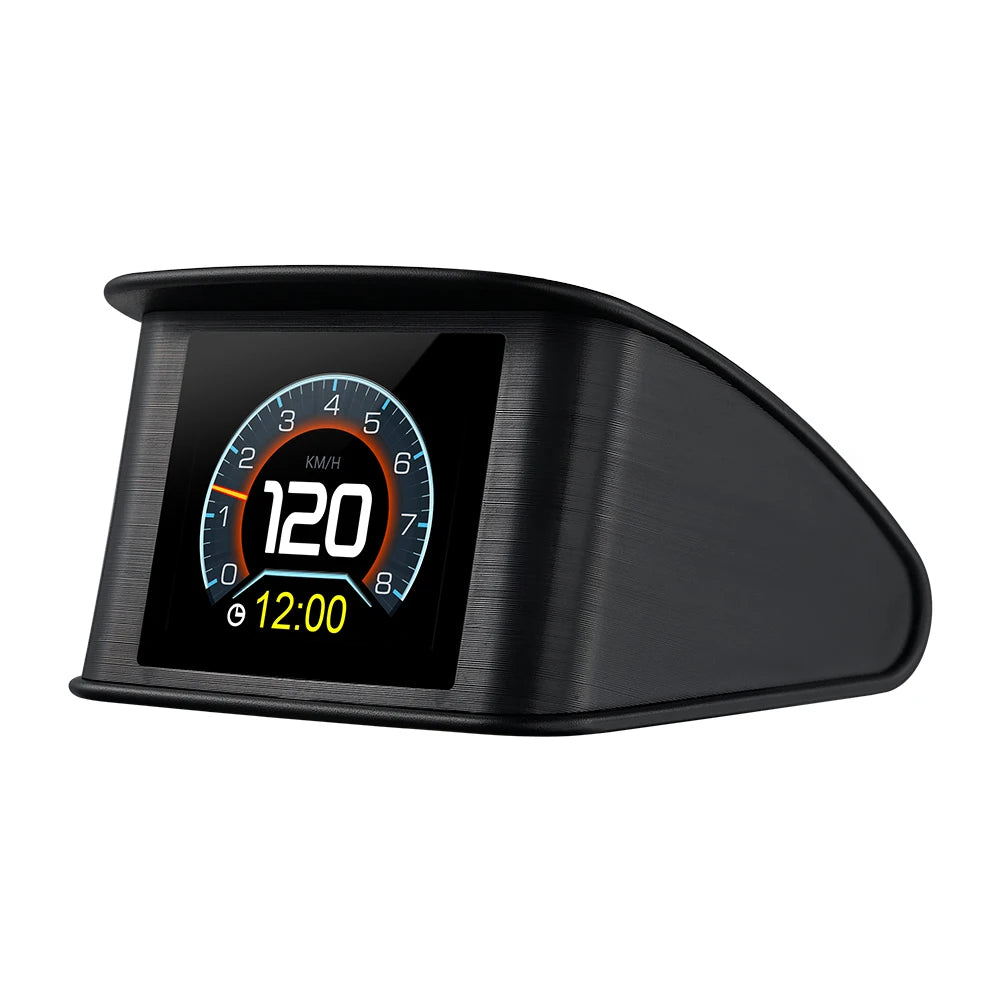 Smart OBD2 Head-Up Display unit on a white background showing its digital speedometer dial at 120 km/h and a 12:00 clock readout