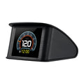 Smart OBD2 Head-Up Display unit on a white background showing its digital speedometer dial at 120 km/h and a 12:00 clock readout