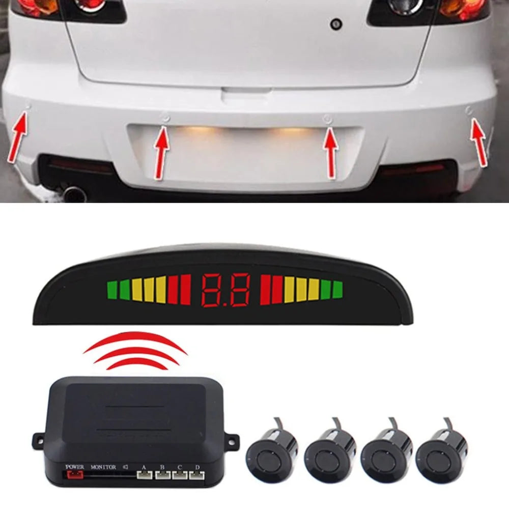 Wireless parking sensors installed in a car's rear bumper with LED distance display