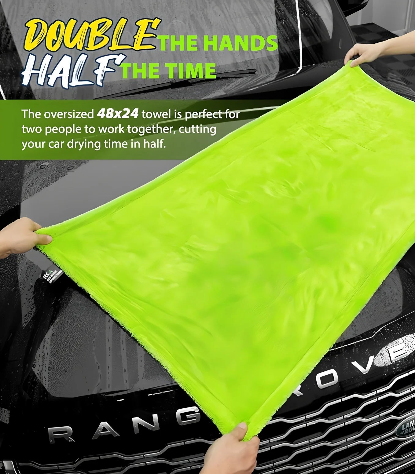 Two people holding an oversized green Large Absorbent Detailing Cloth across the bonnet of a Range Rover to dry the vehicle together.