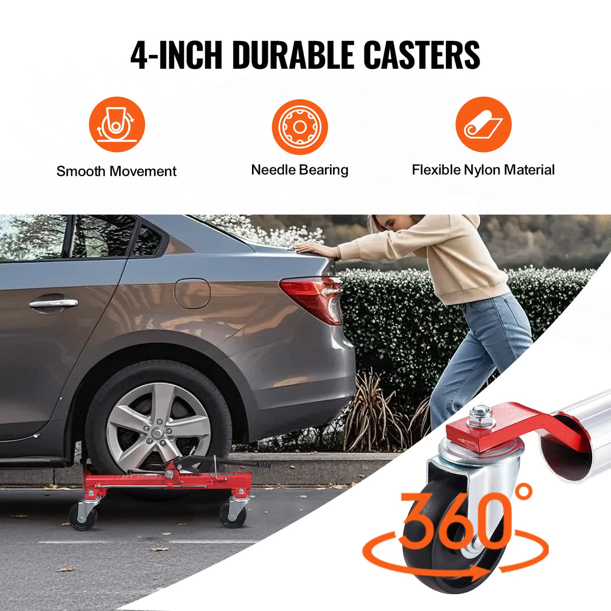 Ratchet Wheel Dolly under a sedan rear wheel as a person pushes the car, with close-up of the 4-inch 360-degree swivel caster