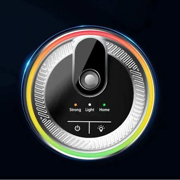 Smart Cup Holder Diffuser top control panel close-up with Strong, Light and Home modes and power and light buttons