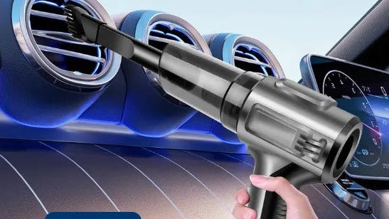 A cordless vacuum cleaner being demonstrated inside a car interior, with a hand holding the device near the air vents. Text on the image reads 'Easy to hold, light and elegant' and 'As low as 0.