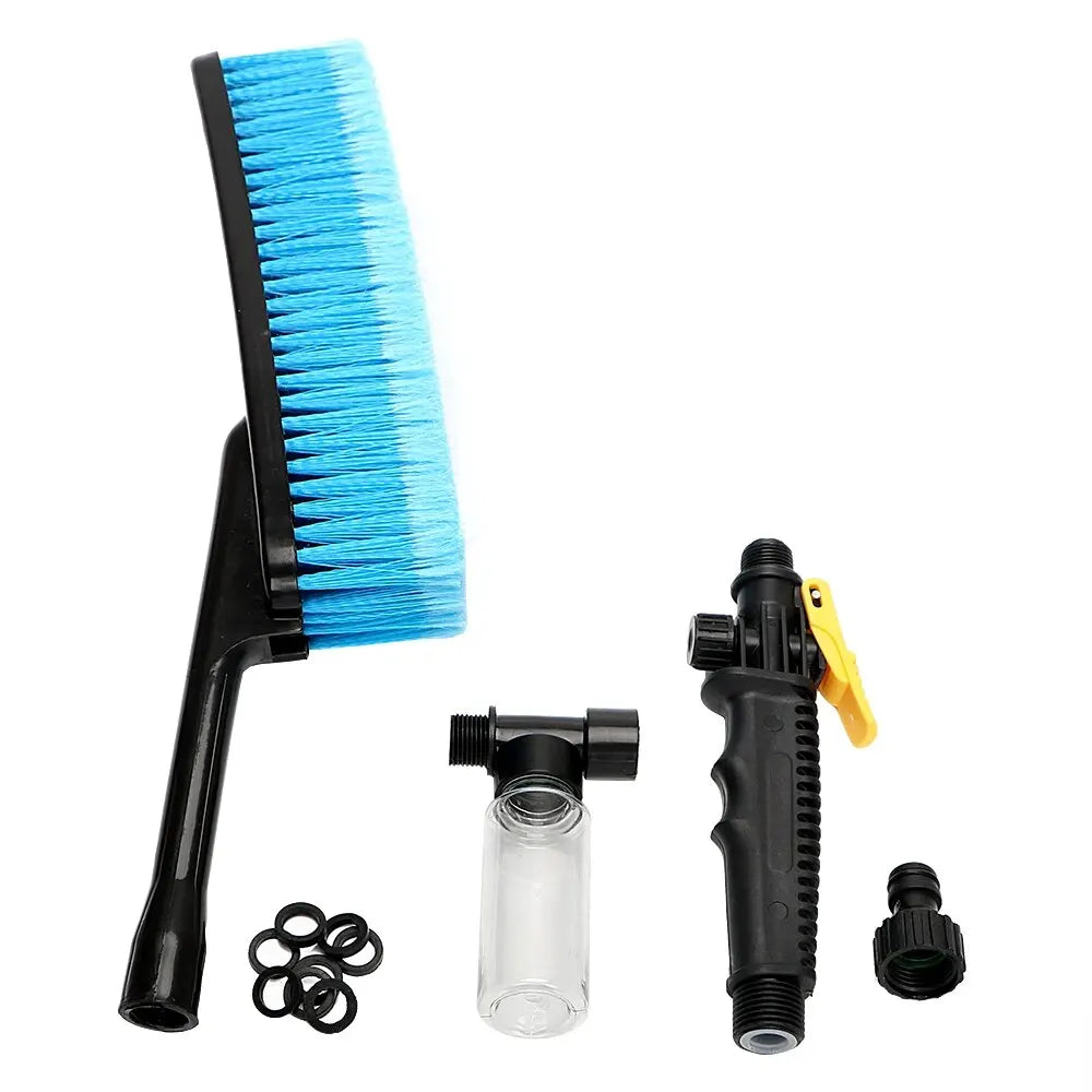 Car Foam Wash Brush kit components laid out including brush head, foam bottle, handle, hose connector and spare O-rings