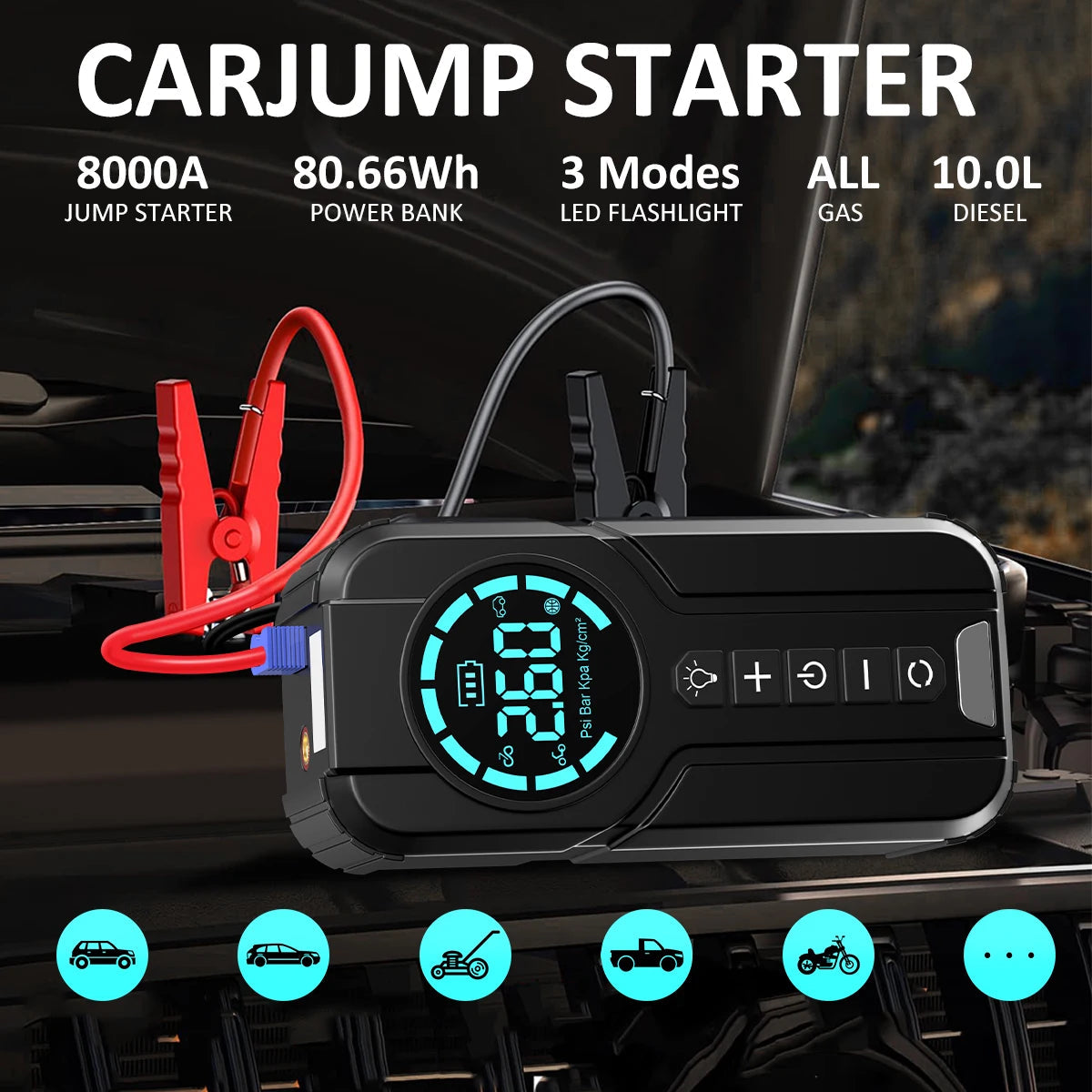 Compact Jump Starter Kit connected to red and black jumper cables under a car bonnet, showing 8000A jump starter and 80.66Wh power bank specs