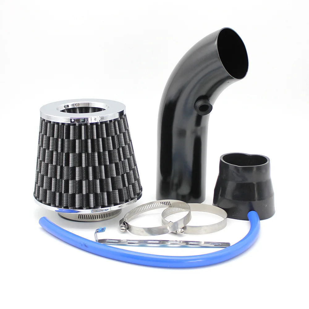 Black cold air intake kit with cone air filter, intake pipe, coupler and hose clamps on a white background