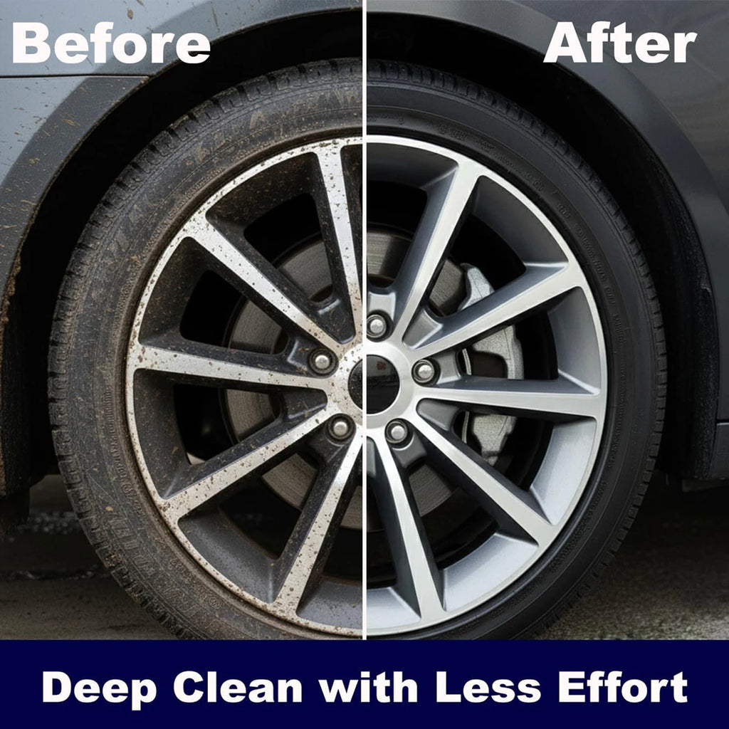 Before and after comparison of a dirty alloy wheel and the same wheel deep cleaned to a shine