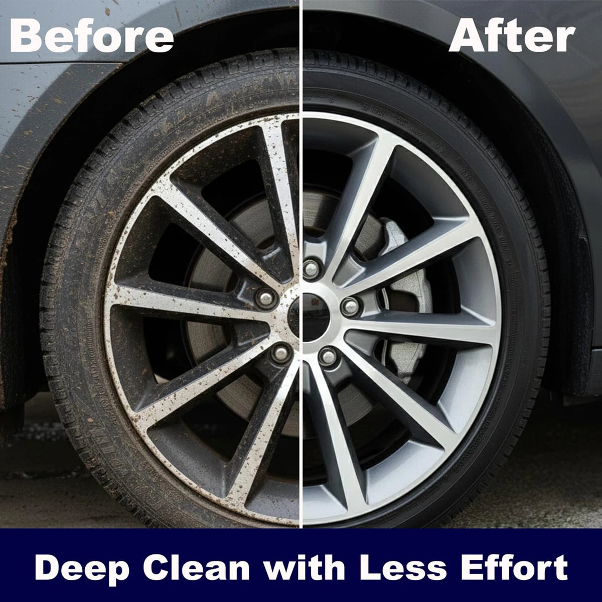 Before and after comparison of a dirty alloy wheel and the same wheel deep cleaned to a shine
