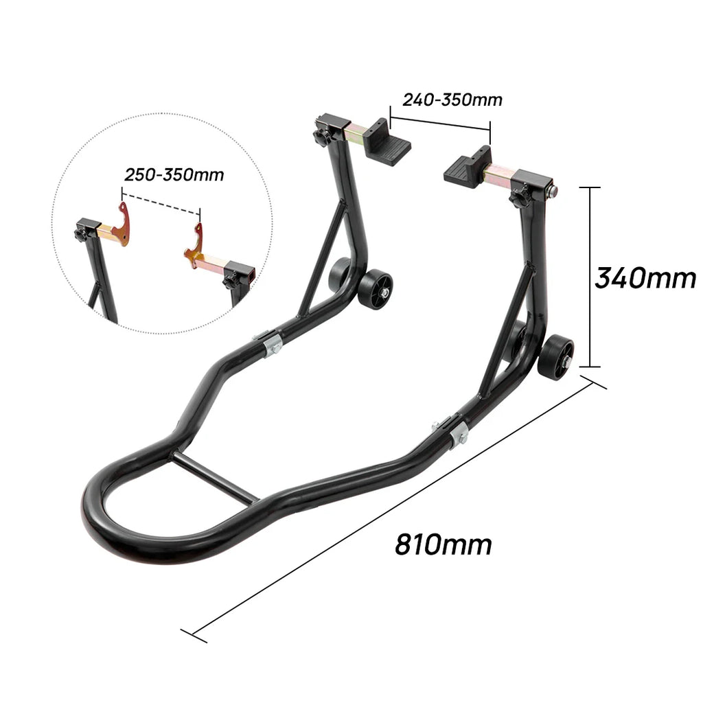Diagram of the Heavy-Duty Paddock Stand showing frame dimensions of 810mm length, 340mm height, and 240-350mm adjustable fork width