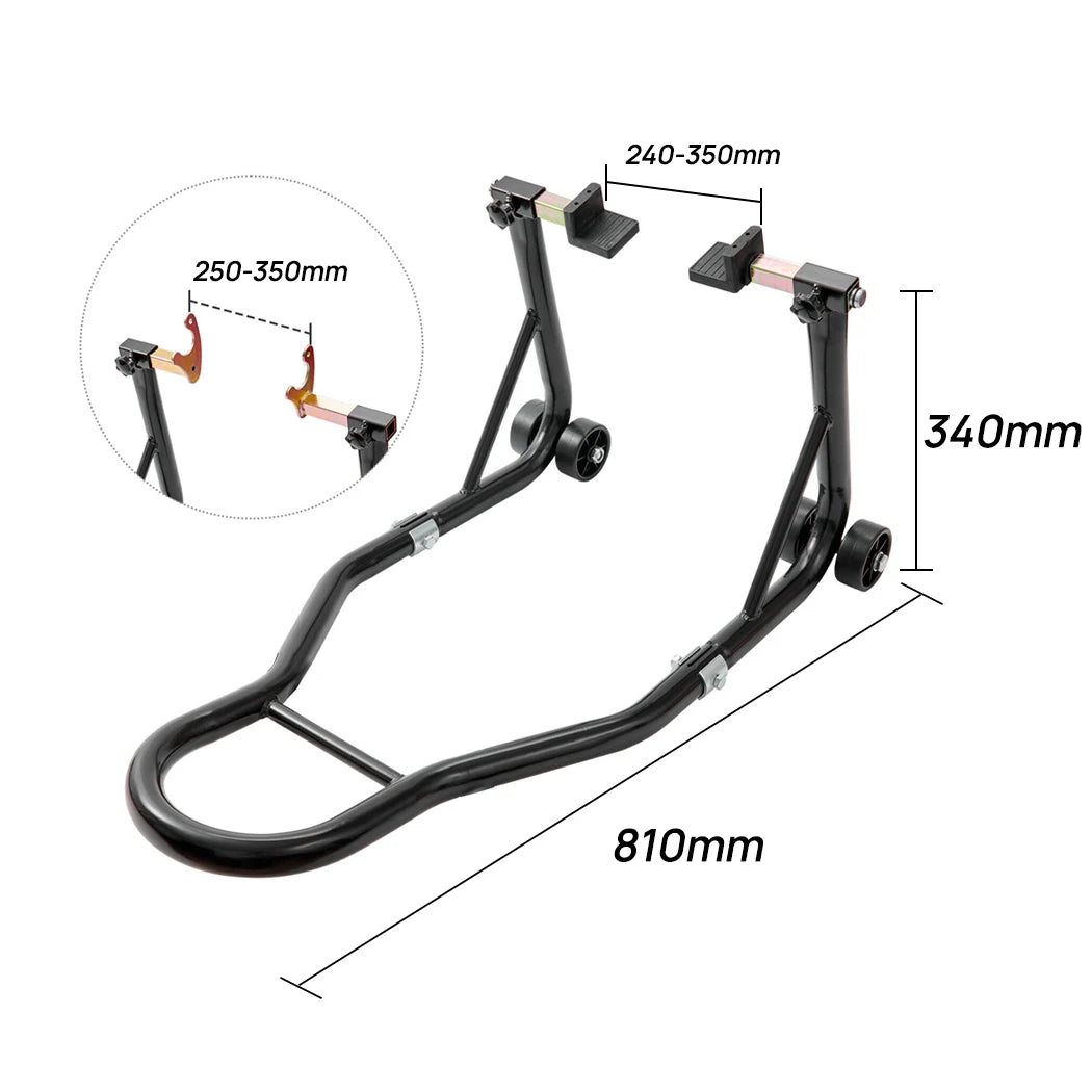 Diagram of the Heavy-Duty Paddock Stand showing frame dimensions of 810mm length, 340mm height, and 240-350mm adjustable fork width