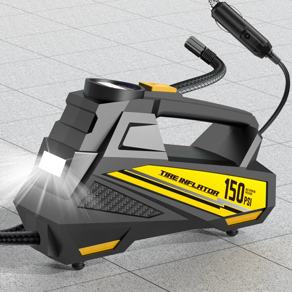 Corded Tyre Inflator Pump on a tiled floor with its built-in LED light illuminated and 12V plug and coiled hose attached