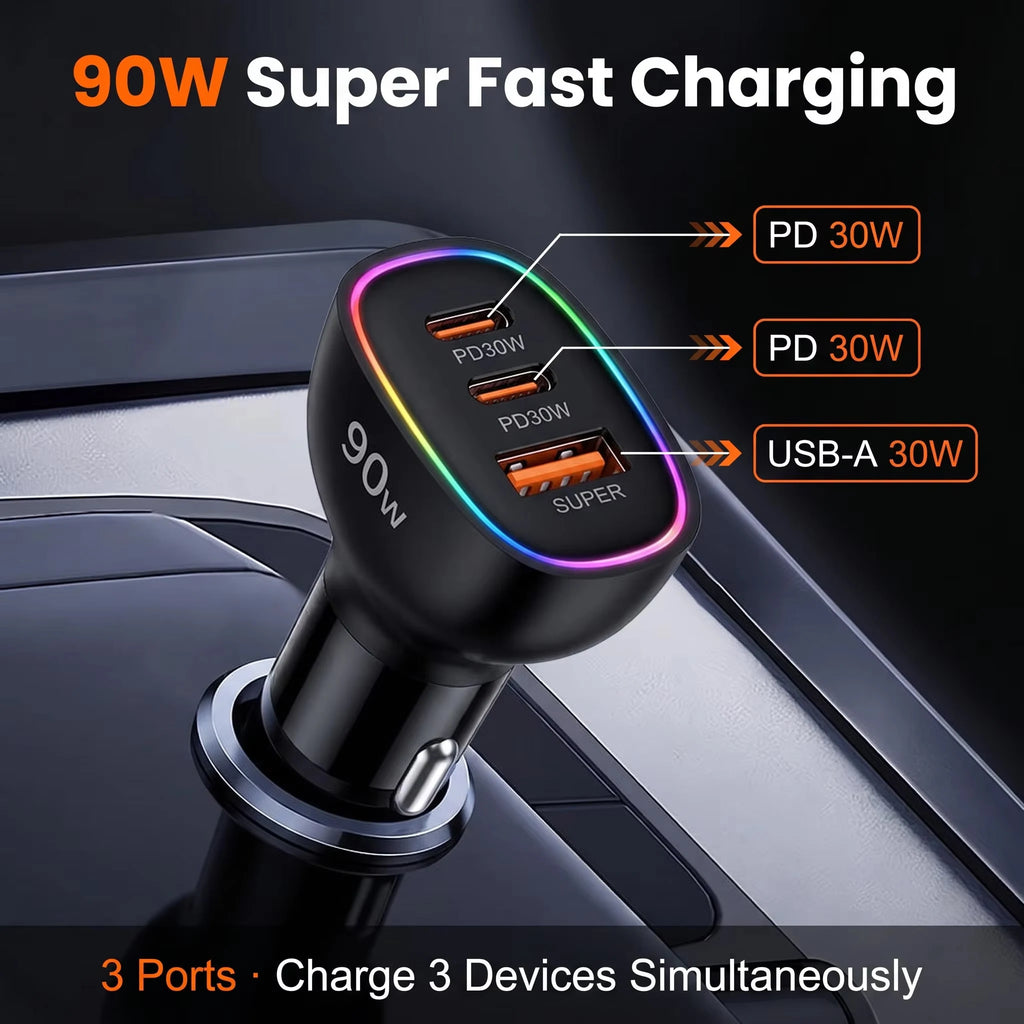 90W Triple-Port Car Charger port layout with two USB-C PD 30W outputs and one 30W USB-A output