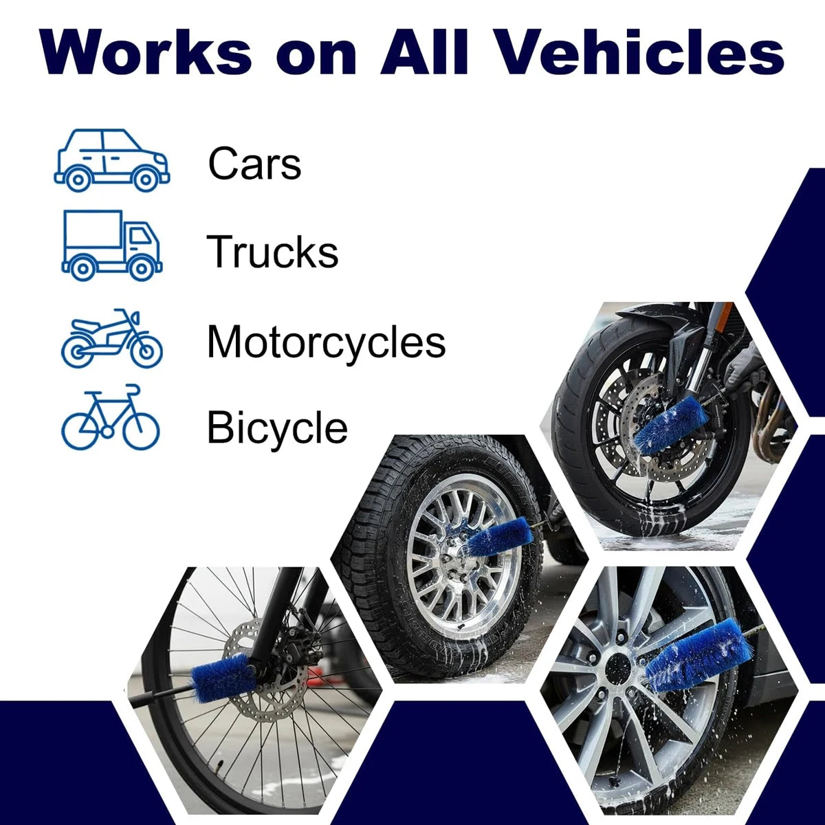 Graduated wheel brush set icons showing compatibility with cars, trucks, motorcycles and bicycles alongside wheel cleaning photos