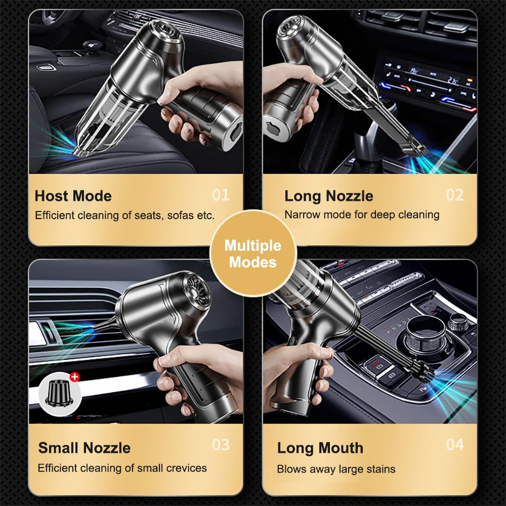 Car vacuum cleaner with different modes and uses shown in a collage format.